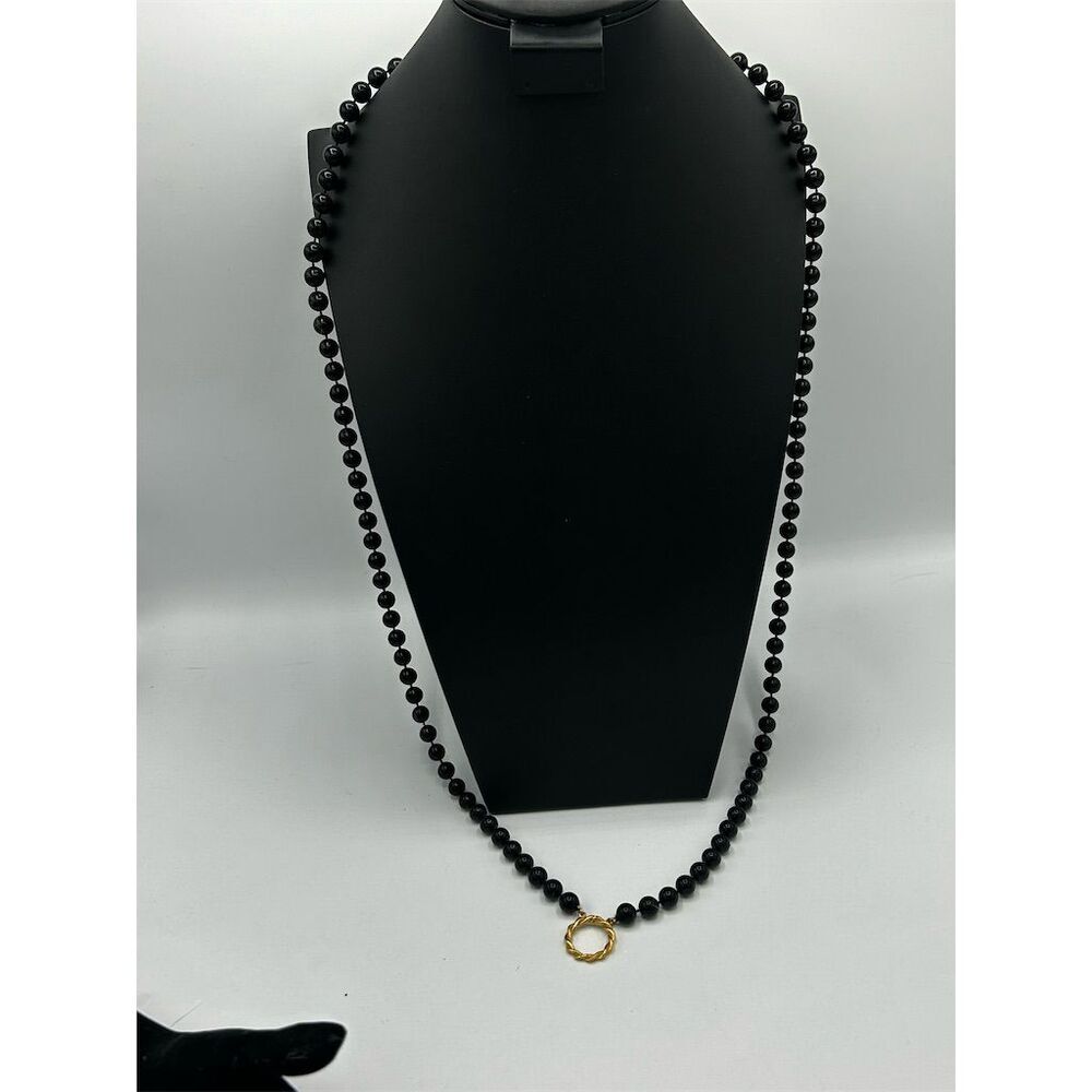 Black Bead Necklace Gold Toned Accent Hoops Necklace - Picture 4 of 4
